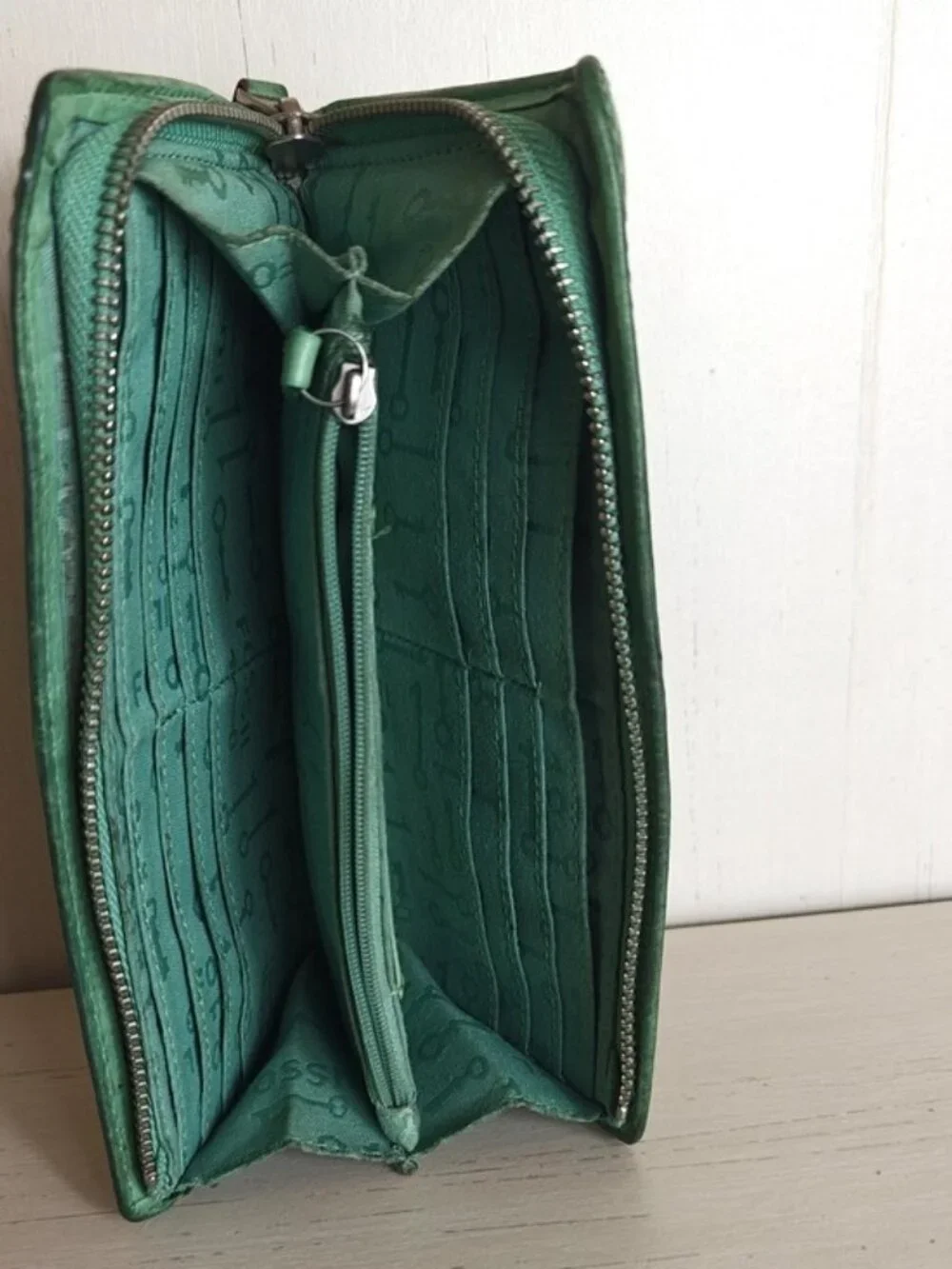 Fossil Maddox Continental Wallet Soft Smooth Green Leather Zip Around